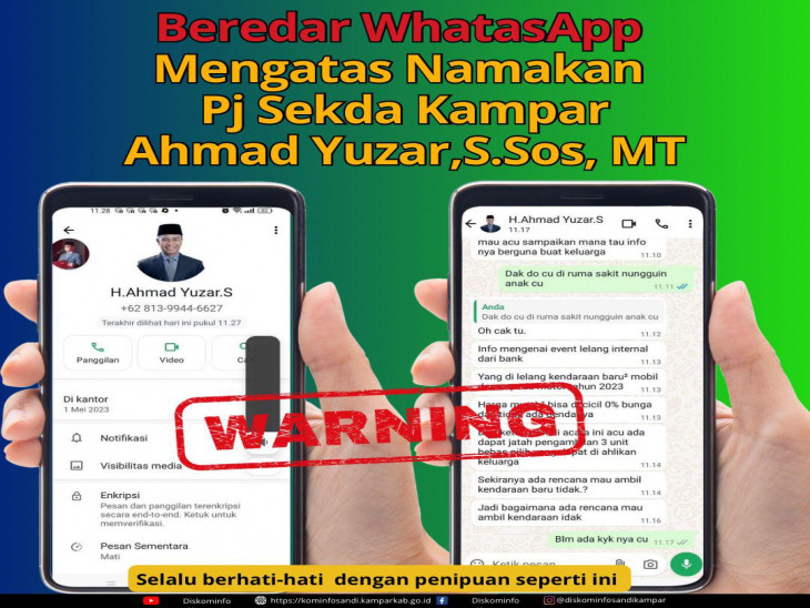 Waspada Modus Penipuan, Pj Sekda Kampar Menghimbau Masyarakat Bijak Dalam Bermedia Sosial Agar Terhindar Dari Penipuan. 