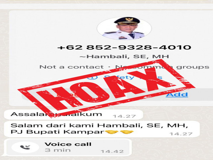 Hoax, Beredar Nomor telpon yang Mengatas namakan Hambali, SE, MH Pj Bupati Kampar.