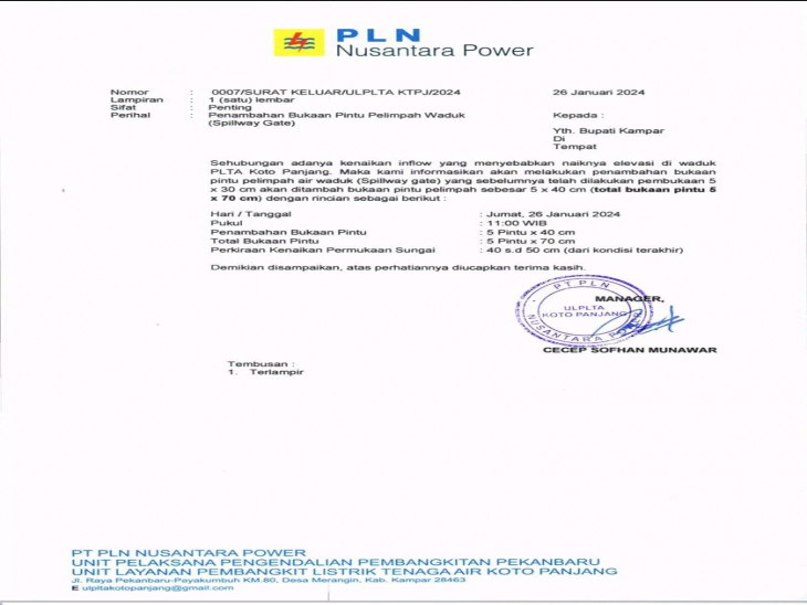 PLTA Koto Panjang Hari ini  Akan Lakukan Penambahan Bukaan Pintu Pelimpah 5x70 cm Pj Bupati Kampar Menghimbau Agar Mayarakat Terus Waspada.