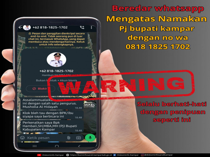 Hoax, Kembali Beredar Nomor Whats App yang Mengatas namakan Hambali, SE, MBA, MH Pj Bupati Kampar.