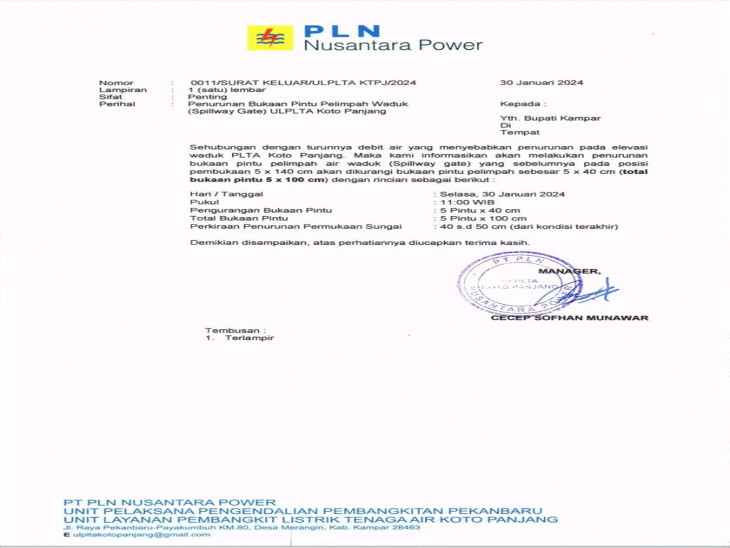 Tinggi Bukaan Pintu PLTA Koto Panjang Akan Diturunkan 40 Cm. 