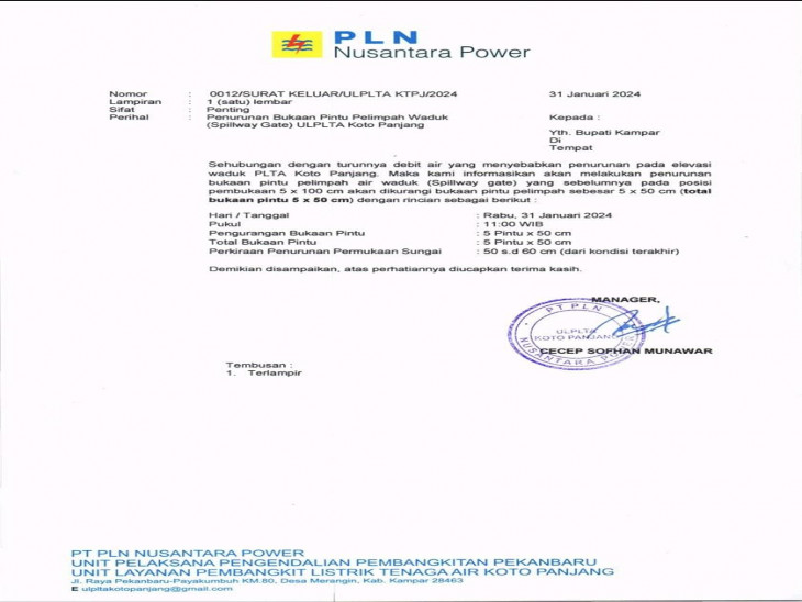 Tinggi Bukaan Pintu Pelimpahan PLTA Koto Panjang Akan Diturunkan 50 Cm, Pj Bupati Kampar Menghimbau Agar Masyarakat tetap Waspada.