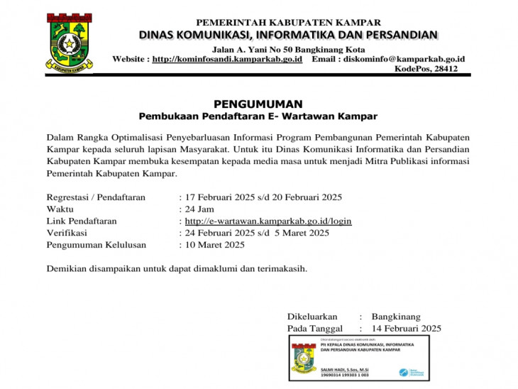 Pengumuman Pembukaan Pendaftaran E-Wartawan Kampar