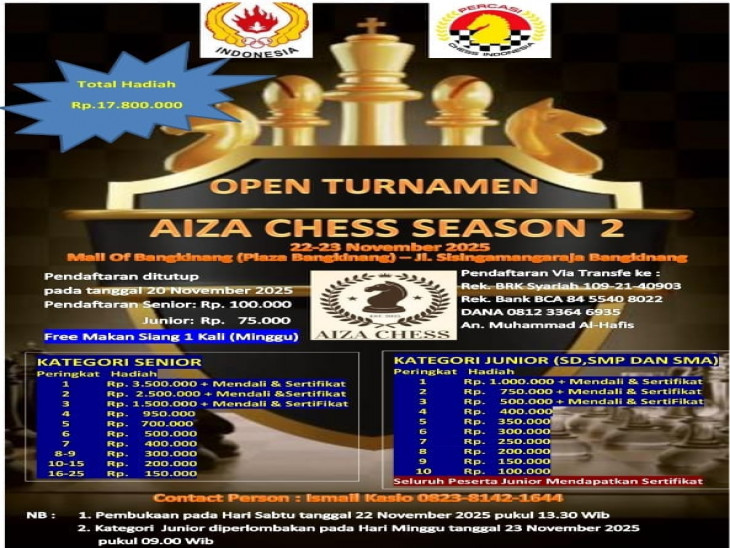 Aiza Chess Club Siap Gelar Open Turnamen Catur Season II se-Sumatera, Pecatur Master Diprediksi Ramaikan Bangkinang