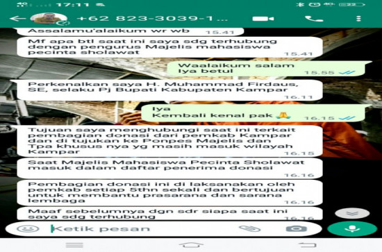 Waspada, Akun WA Palsu Mengatasnamakan Pj Bupati Kampar Kembali Beredar. 