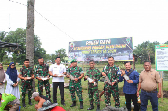 Dukung Progam Panglima TNI, Yonif 132/BS Salo Lakukan Panen Ikan Patin Dalam Meningkatkan Ketahanan Pangan. 