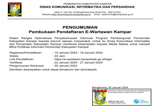 Diskominfo Kampar Buka E-Wartawan Untuk tahun 2024.