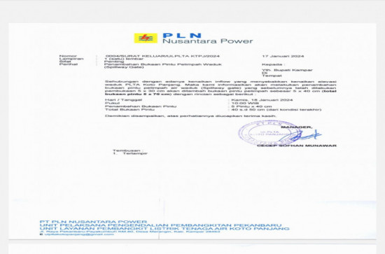 Kembali PLTA Koto Panjang Hari ini  Akan Lakukan Penambahan Bukaan Pintu Pelimpah 5x40 cm Pj Bupati Kampar Menghimbau Agar Tetap Waspada.