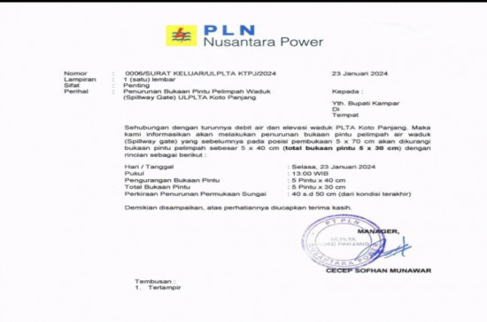 Hari ini, Selasa 23 Januari 2024, PLTA Koto Panjang Turunkan Pintu Air Setinggi 30 CM. 