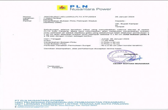 PLTA Koto Panjang Hari ini  Akan Lakukan Penambahan Bukaan Pintu Pelimpah 5x70 cm Pj Bupati Kampar Menghimbau Agar Mayarakat Terus Waspada.