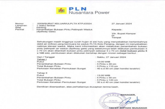 Elevasi Air Maksimum 85 Mdpl, Hari ini PLTA Koto Panjang Kembali Buka Pintu Air Setinggi 70 CM.