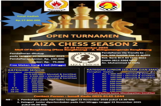 Aiza Chess Club Siap Gelar Open Turnamen Catur Season II se-Sumatera, Pecatur Master Diprediksi Ramaikan Bangkinang