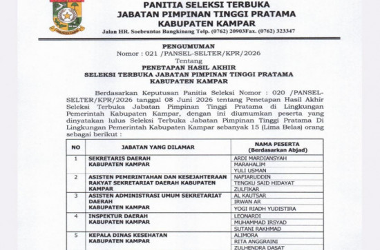 15 Peserta Dinyatakan Lulus Seleksi Akhir JPTP di Pemda Kampar, Lanjut ke Tes Kesehatan di RSJ Tampan Pekanbaru